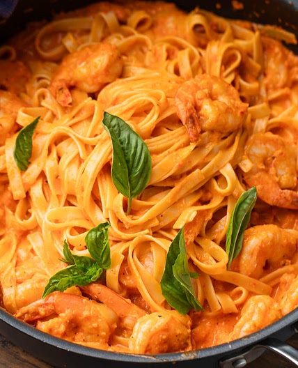 Roasted Red Pepper Pasta with Shrimp