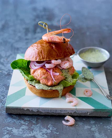 Salmon & Prawn Brioche Burgers With Watercress, Lime & Wasabi Mayo