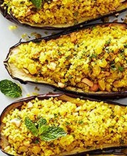 Bulgur and Cashew Stuffed Eggplant