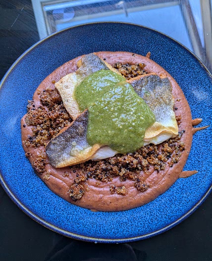Sea bass, crispy quinoa, chipotle bean purée, tomatillo salsa