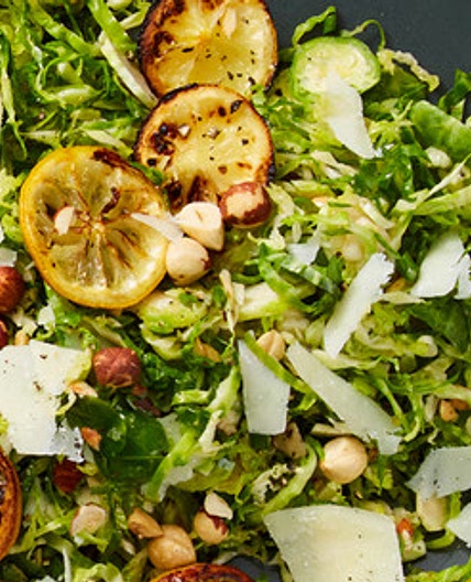 Shaved Brussels Sprout Salad with Hazelnuts, Broiled Lemon, and Pecorino