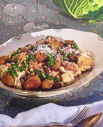 Parmesan-Baked Cauliflower, Roasted Potatoes, Brown Butter Sauce, Chimichurri, and Hazelnuts