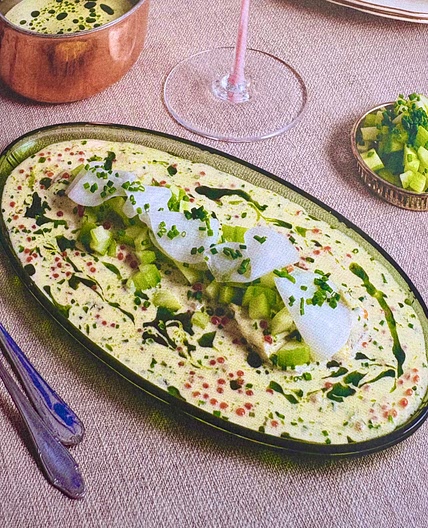 Cod with buttery sauce, pickled cucumber and kohlrabi