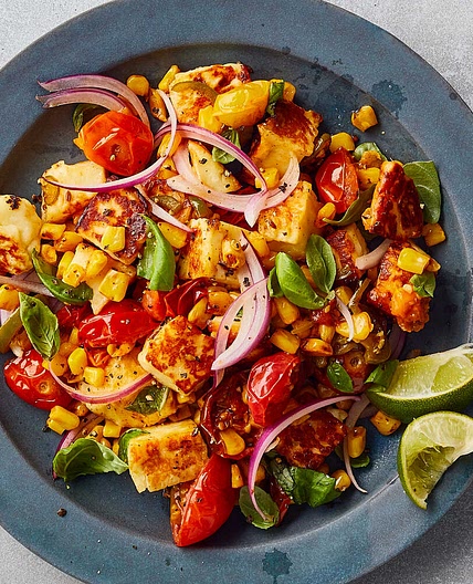 Halloumi With Corn, Cherry Tomatoes and Basil
