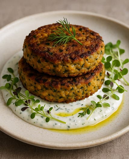 Fiber-Infused Shrimp & Lentil Cakes with Yogurt-Dill Drizzle  