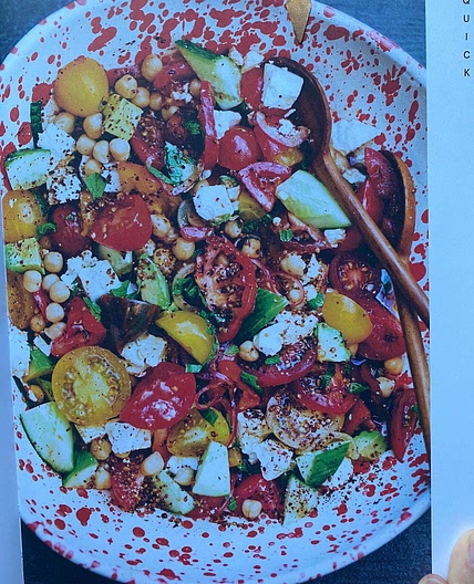 Slice Chop Drizzle (Tomato feta chickpea) salad 