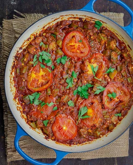 Menemen with Okra and Chili Tomatoes (Serves 2)