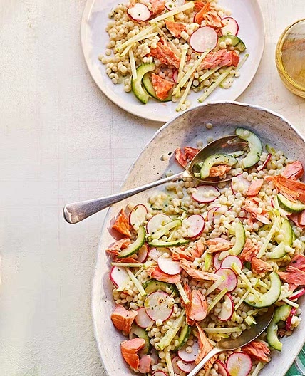 Pearl couscous salad with hot smoked trout & buttermilk dressing
