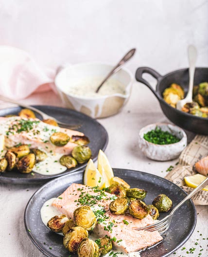 Salmon, horseradish sauce & Brussels sprouts — Recipe — Diet Doctor
