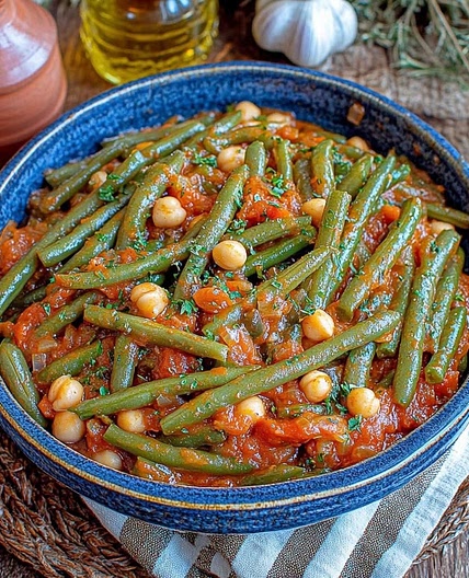 Haricots verts mijotés à la tomate et pois chiches