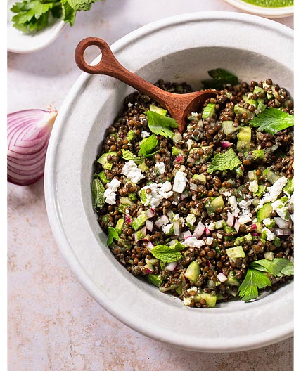Spicy Black Lentils with Feta and Green Sauce