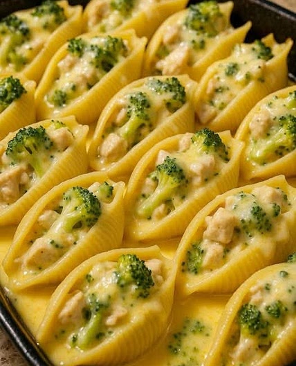 Cheesy chicken and broccoli stuffed shells