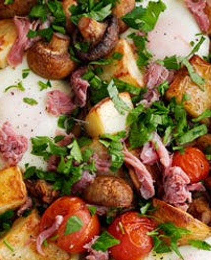 Healthy ham, egg and chips