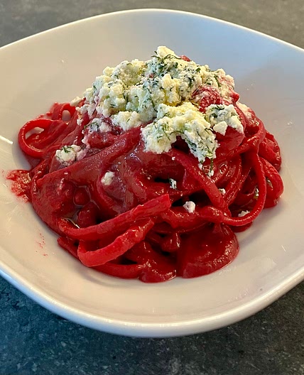 Beetroot and feta linguine