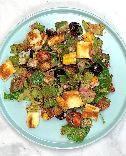 Cherry and Romaine Salad with Halloumi