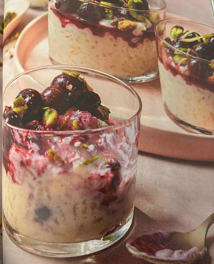 Creamy rice pudding with blueberry compote