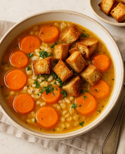 Karotten-Gerstensuppe mit Brotcroutons