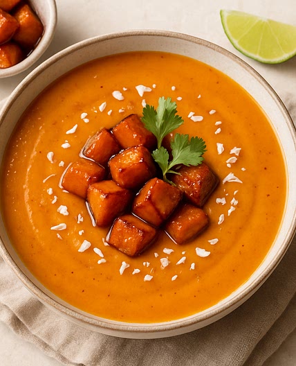 Süßkartoffel-Kokossuppe mit Karamell Mais