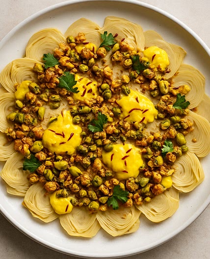 Artichokkenherzen-Carpaccio mit Mandel-Pistazien Crumble und Safran-Joghurt