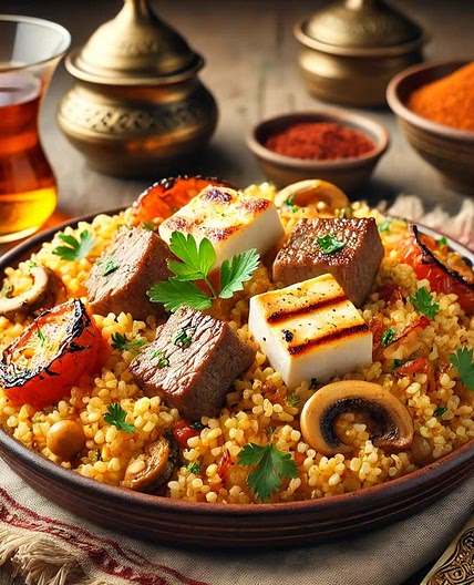 Turkish Bulgur Pilaf with Lamb, Halloumi & Mushrooms