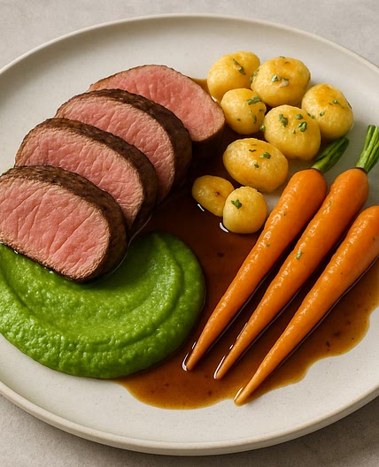 Sous-Vide Rinderfilet mit Erbsen-Puree, Kartoffel-Gnocchi und Baby-Möhren