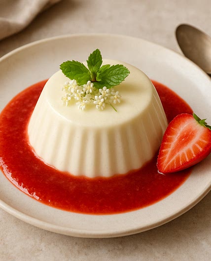 Elderflower Panna Cotta mit Erdbeer Coulis