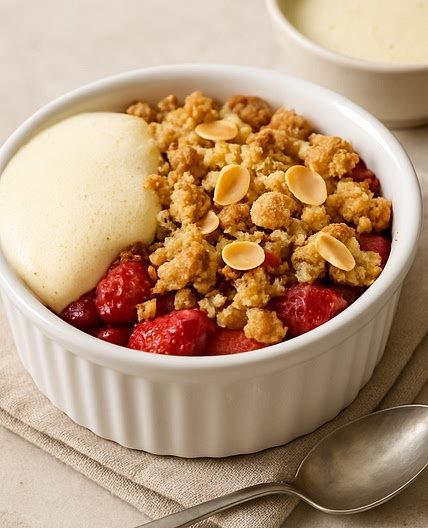 Erdbeer-Mandel-Crumble mit Vanilleschaum
