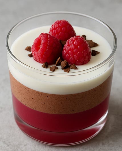 Schicht-Dessert mit Himbeer-Gel, Schokoladenmousse und Spiegelfondant