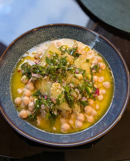 Charred aubergine, chickpeas, tahini and salsa