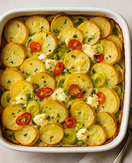 Kartoffel-Lauch-Gratin mit Ricotta, Ingwer und Chilli