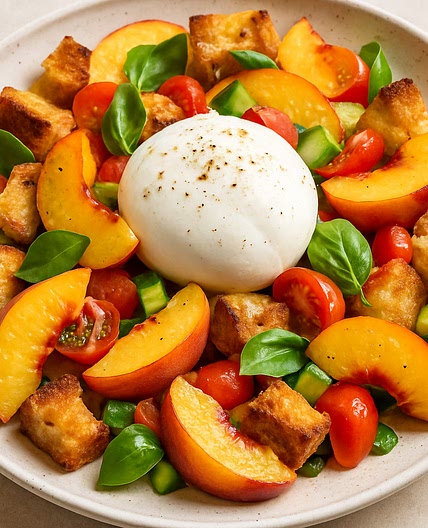 Panzanella with peaches and burrata