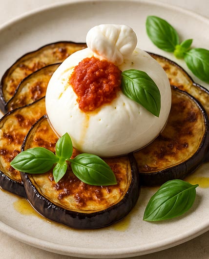 Burrata auf gebackenen Auberginen mit Tomatenpesto und Basilikum