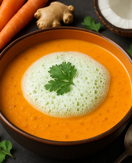Kokos-Karotten-Suppe mit Ingwer und Korianderschaum