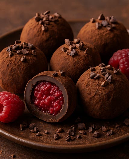 Schokoladen-Truffel mit Himbeerfüllung und Kakao-Nibs