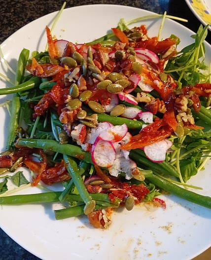 Harissa-dressed Pea Shoot And Green Bean Salad