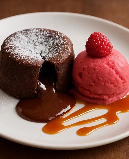 Schokoladen-Küchlein mit flüssigem Kern, Himbeer-Sorbet mit Karamellsauce