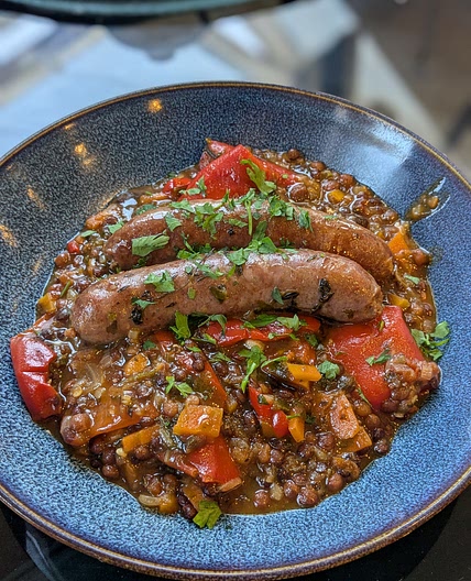 Braised Sausage and Puy Lentil