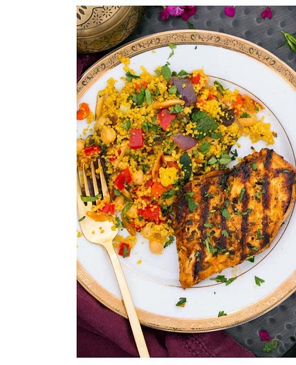 Couscous with roasted vegetables, feta and chicken