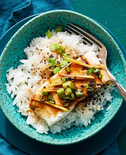 Steamed Fish with Ginger, Soy and Sesame, Coconut Rice and Vegetables