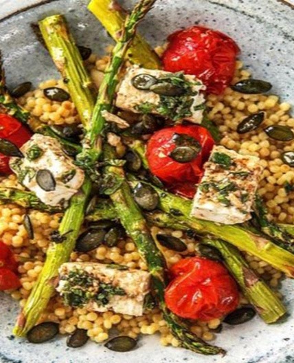 Herby Asparagus and Tomato Bake with Israeli Couscous, Oregano and Feta