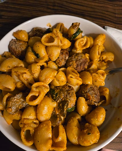Pasta with mushroom spinach meatballs and marinara sauce