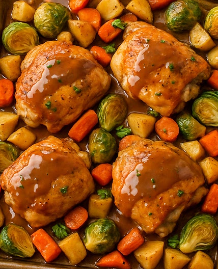 Savoury Sheet Pan Chicken with Roasted Veg and Pan Gravy