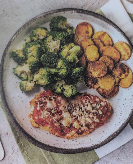 Baked Chicken Parmesan with Crispy Potatoes and Garlicky Broccoli