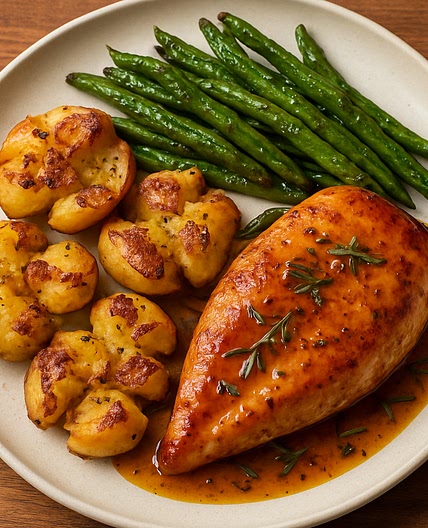 Pan-Seared Chicken with Smashed Potatoes, Roasted Green Beans, and Rosemary Pan Sauce