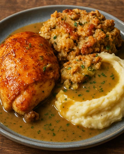 Crispy Skinned Chicken and Stuffing with Herb Gravy and Creamy Mash