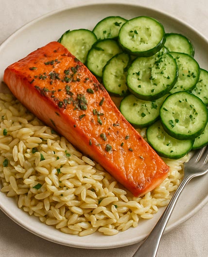 Salmon Orzo with Marinated Cucumbers