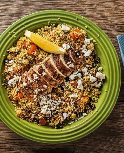 Greek Lemon Chicken with Herby Couscous, Roasted Veggies and Feta