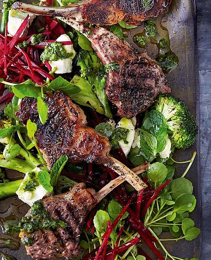 Minty lamb with beetroot and charred broccoli