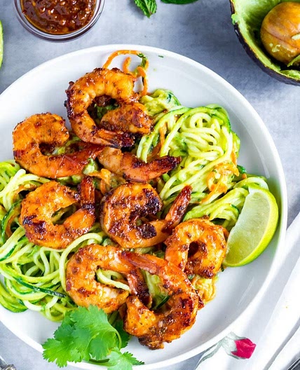 Avocado and Cilantro Green Sauce Pasta with Grilled Shrimp