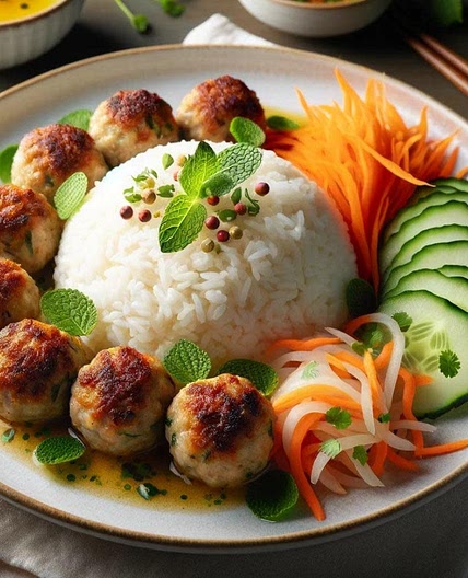 Ginger-Lemongrass Chicken Meatballs with Aromatic Herb Rice